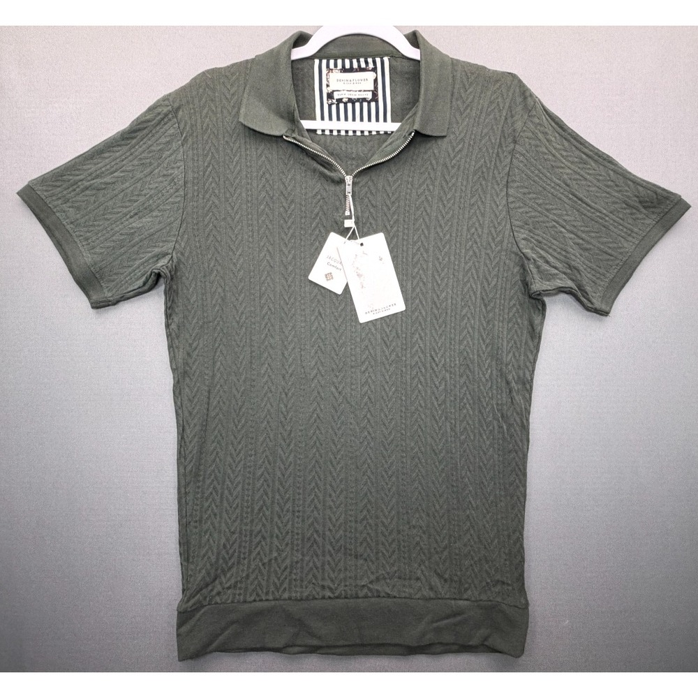 Denim & Flower Polo Shirt Olive Green Jacquard Knit Quarter Zip NWT Men's Medium